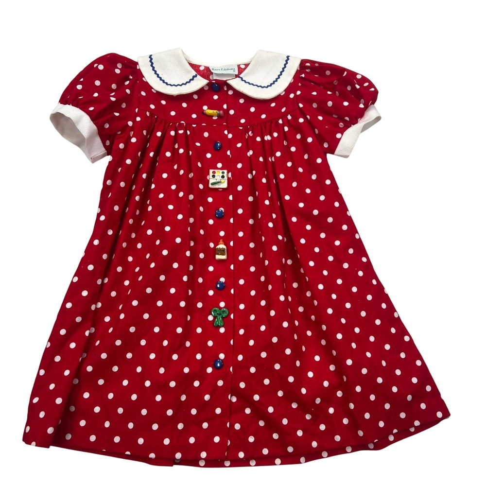 Rare Editions Polka Dot Dress Kids 6 Red Vintage School Novelty Buttons 90s READ